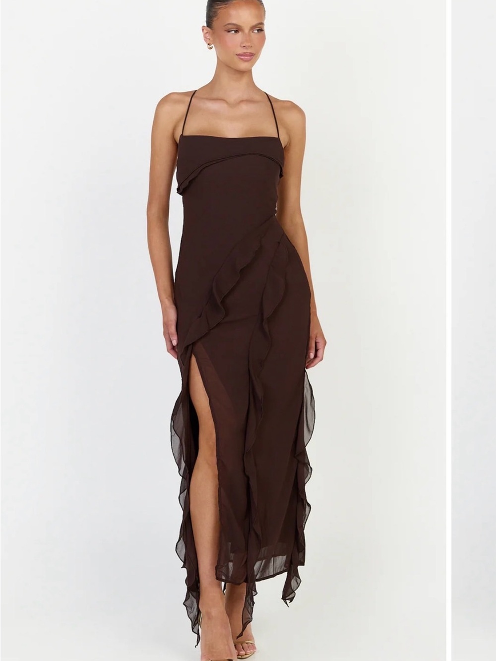 Connie Dark Brown Ruffled Midi Dress